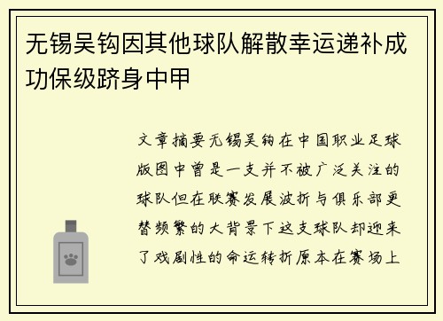 无锡吴钩因其他球队解散幸运递补成功保级跻身中甲