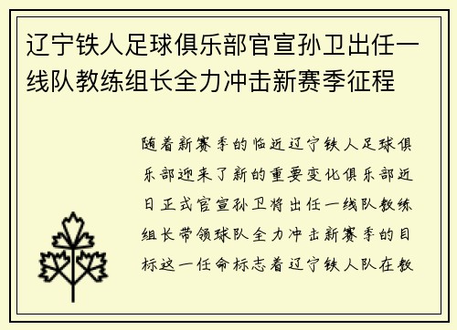 辽宁铁人足球俱乐部官宣孙卫出任一线队教练组长全力冲击新赛季征程